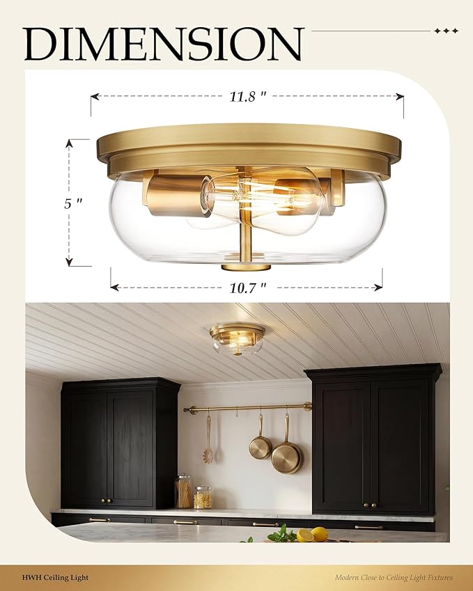 Flush Mount Ceiling Light Fixture, HWH 2-Light Ceiling Light Fixture with Clear Glass, 12 Inch Light Fixtures Ceiling Mount for Kitchen, Bedroom, Bathroom, 5HJX109F BG