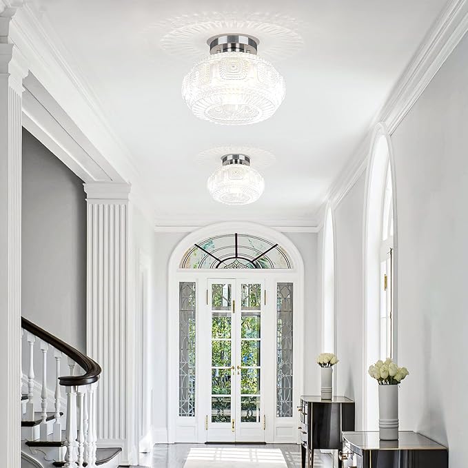 Semi Flush Mount Ceiling Light, Upgraded Larger Brushed Nickel Glass Ceiling Light Fixture, Vintage Lighting for Hallway Kitchen Bedroom Dining Room, Bulb Not Included
