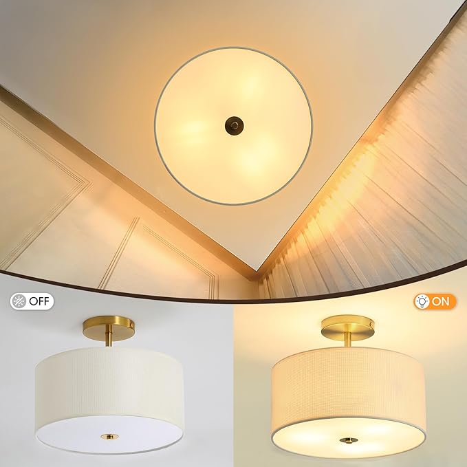 Fabric Semi Flush Mount Lighting Fixture, Modern Semi Chandeliers, Drum Farmhouse Ceiling Light, White Fabric Shade 3-Light for Kitchen Island Bedroom Hallway Foyer, E26, W12xH14