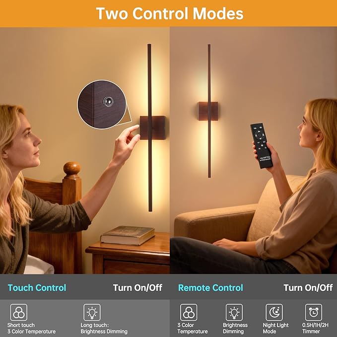 Shenmoyl Battery Operated Wall Sconce Set of 2, 10400mAh Rechargeable Wall Sconces, 3000K-6000K Dimmable, 350°Rotate, Indoor Wall Lights for Bedroom Living Room Bathroom, Black Walnut, 31.5 Inch