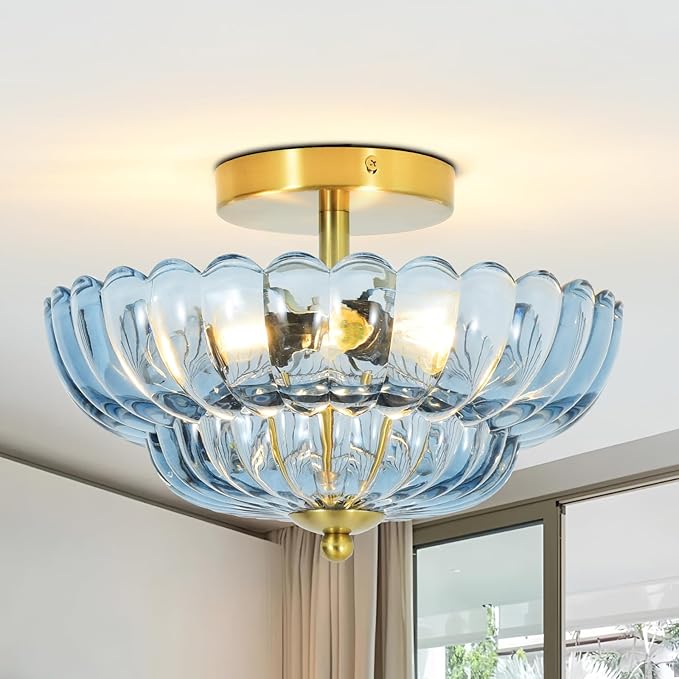 11.8 inch Kitchen Ceiling Light, 3-Light Semi Flush Mount Ceiling Lamp with Flower Glass, Modern Close to Ceiling Light Fixtures for Bathroom Bedroom Hallway Entryway, Blue
