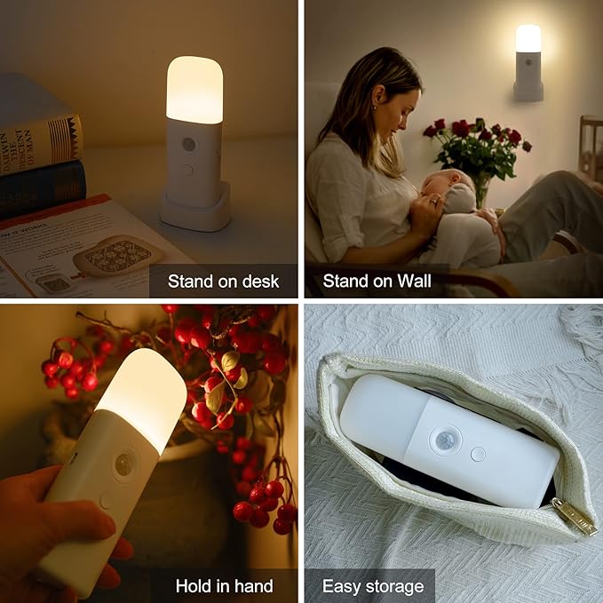 CREWEEL Rechargeable Motion Sensor Night Light, Battery Operated nightlights, Dimmable Motion Sensor Light Indoor, Cordless Motion Activated Night Lights for Adults, Bathroom, Bedroom, Hallway(2Pack)