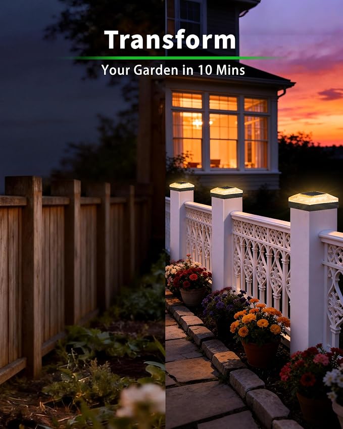 4x4 Post Solar Lights, 3 Colors Fence Light Solar Powered, 2 Brightness Solar Post Cap Lights Waterproof for Wood/Vinyl Posts, Garden, Patio, Deck, Hammered Light, 6 Pack