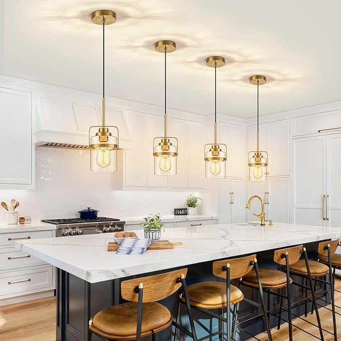 Modern Brass Pendant Lights Kitchen Island Light, Adjustable Hanging Light Fixture with Clear Glass Shade, Farmhouse Pendant Light for Dining Room Bar Over Sink/Table/Counter, 2 Pack