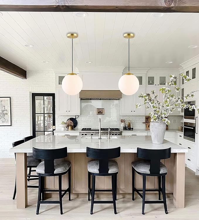 KoKo&Yukina 8 Inch Gold Modern Globe Pendant Light White Glass with Brass Finish Contemporary Mid Century Adjustable Hanging Light Fixture for Living Room Bedroom Bathroom Kitchen (Bulb Incl.)