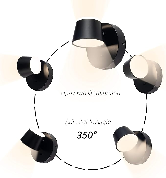 URSOLA Wall Light Set of Two, LED Wall Sconce with On/Off Switch USB Charging Port 110 Volt Hardwired Wall Lamp 350 Rotatable Up Down Sconces Wall Lighting (Black)