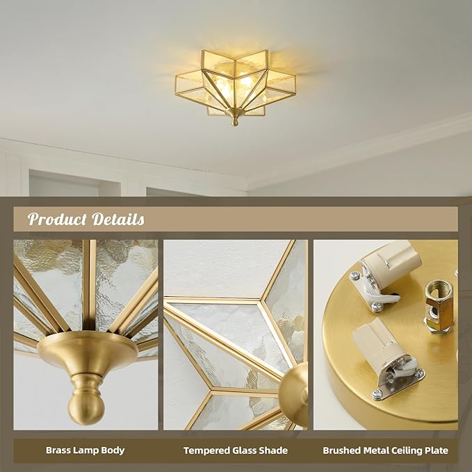 Star Brass Vintage Ceiling Light - 12.2 in Small Hammered Glass Antique Brushed Gold Flush Mount Fixture, Mid Century Art Deco Overhead Lighting for Kitchen Hallway Bedroom Bathroom Laundry Entryway