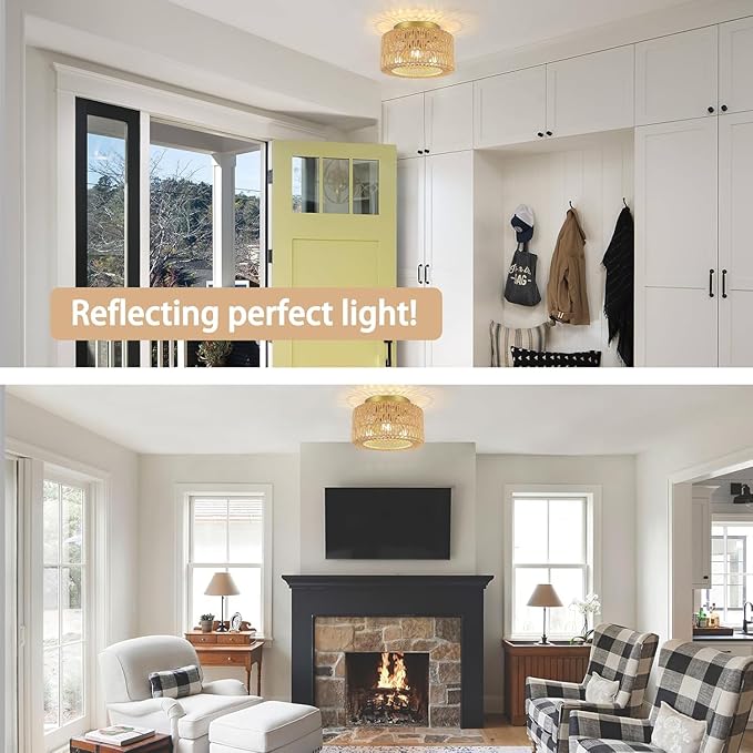 Rattan 3-Light Ceiling Light Fixture, Boho Flush Mount Ceiling Light, Modern Ceiling Light with Hand-Woven Shade for Bedroom Living Room Enterway Foyer