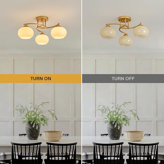 Semi Flush Mount Ceiling Light Fixture,Vintage Modern Gold Globe Sputnik Chandeliers 3-Light Mid Century Milk Glass Chandelier for Dining Room Kitchen Island Bedroom Living Room Entryway