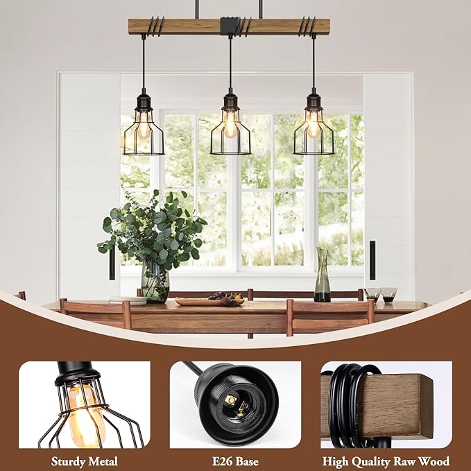 3-Light Kitchen Island Lighting, 63" Adjustable Height Pendant Light Fixtures Black Metal & Rustic Wood Modern Dining Room Linear Chandelier Over Table with E26 Base for Farmhouse Bar