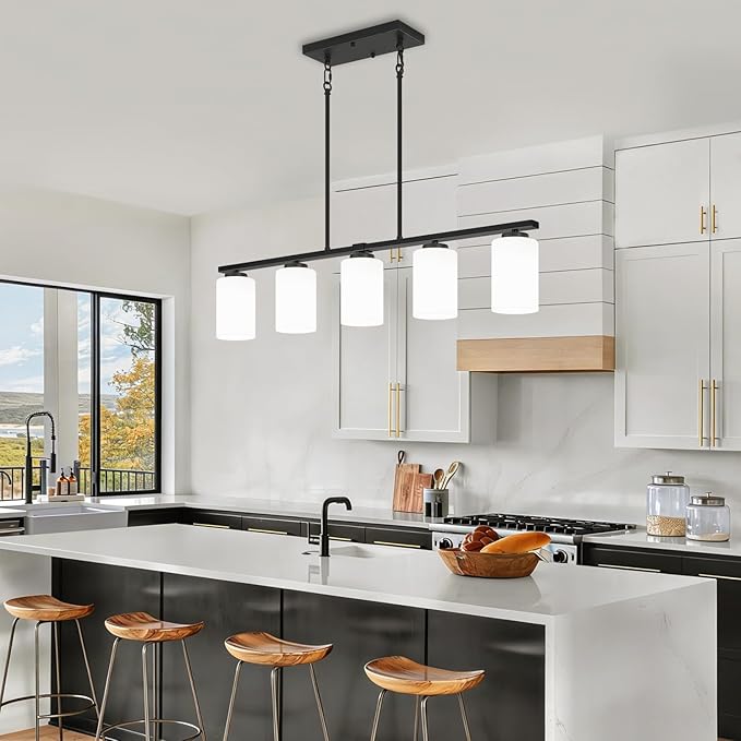 Modern Island Lights for Kitchen 5-Light Black Dining Room Light Fixtures Over Table Glass Penadnt Lights Adjustable Hanging Kitchen Island Lighting Linear Farmhouse Chandelier Over Island