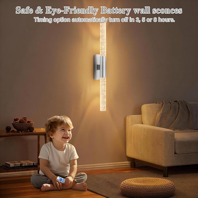 camuucci Battery Operated Wall Sconces Set of 2 Rechargeable Battery Powered Wall Light with 12000mAh Not Hardwired Dimmable Wall Lamp Fixtures for Bedroom Living Room Silver 25.6 Inches
