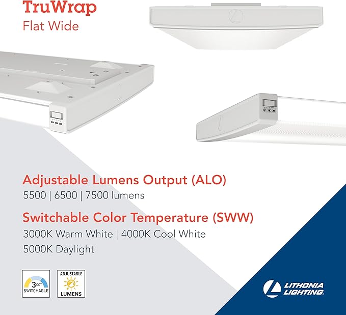 Lithonia Lighting TruWrap 4 Foot LED Ceiling Light Fixture, Low-Profile Wraparound LED Shop Light, Adjustable Lumens, Selectable Warm White/Cool White/Daylight Color, Flat Diffuser, Wide Width