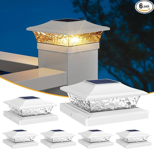 APONUO Solar Post Cap Lights 6 Pack for 4x4 5x5 6x6 Wood & Vinyl Fences - IP65 Waterproof, All-Night Auto On/Off, Warm/Cool White Light, Outdoor Deck Patio Garden (White)
