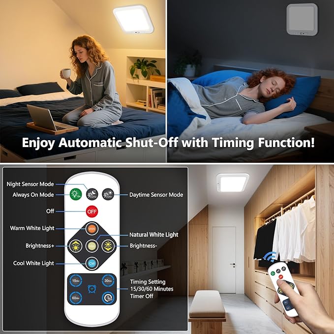 Rechargeable Motion Sensor Closet Light with Remote, Wireless Battery Operated Ceiling Light Magnetic Mount, Rechargeable LED Shower Light No Wiring for Indoor, Shower, Stairs, Shed, Hallway, Porch