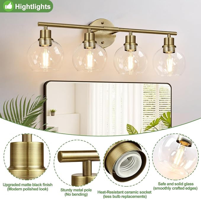 Indoi 4-Light Bathroom Light Fixtures, Brushed Brass Bathroom Lights Over Mirror with Clear Glass Globe Shade, Vanity Lights for Bathroom Kitchen Living Room Hallway Cabinet Bedroom Porch