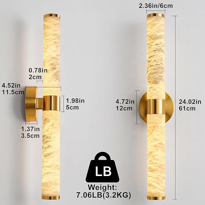 Alabaster Wall Sconces, 24" Brass Wall Sconce, Cylinder Natural Spanish Marble Sconces Wall Lighting, Modern Gold Dimmable Wall Lights for Living Room Bedroom Bathroom Stairs Hallway Entryway
