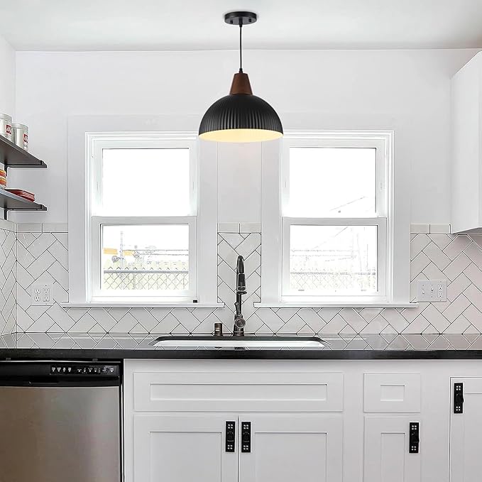 Black Pendant Lights Kitchen Island, 11.8" Dome Pendant Light Fixtures Modern Farmhouse Hanging Light for Dining Room Bedroom Bar Sink