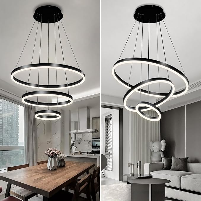 Viruhaka Modern LED Pendant Light, Black Circular Chandelier Fixture, Adjustable Height Circular Entrance Pendant Light, Suitable for Restaurants, Kitchens, Islands, Living Rooms, Cafes, Etc. (4000K)