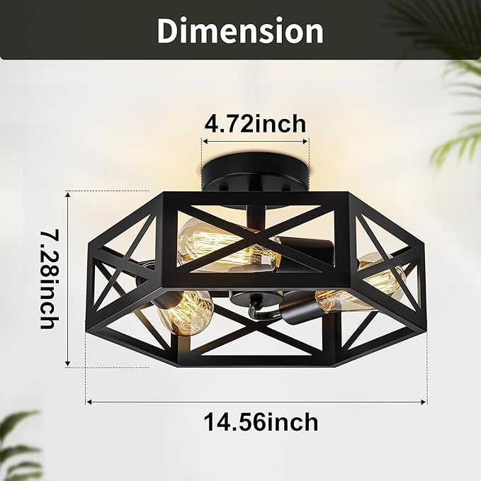 Rustic Foyer Lighting Fixtures, Industrial Semi Black Hexagon Black Farmhouse Kitchen Lighting Fixtures Ceiling for Bedroom Hallway Bathroom 14.5 in