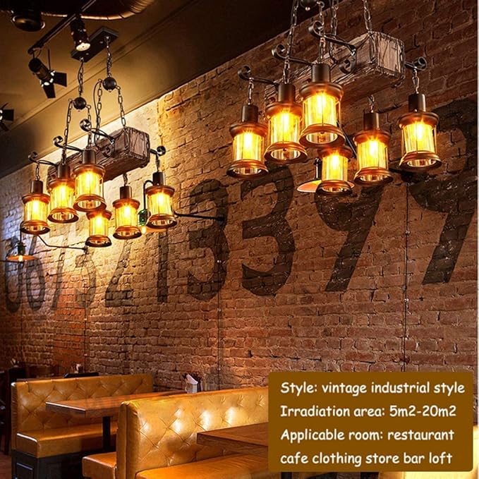 Wood Retro Vintage Pendant Lamp Industrial Metal Hanging Lamp Height Adjustable E27 6-Lights Retro Pendant Lamp Hanging Lamp Black for Kitchen Coffee Shop Dining Living Room Loft Rustic Ceiling