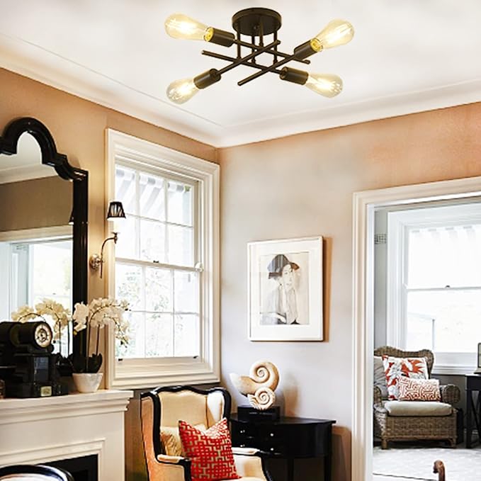 Modern Semi Flush Mount Ceiling Light Fixture,4-Light Farmhouse Light Fixtures Ceiling Mount,Industrial Chandelier Ceiling Lamp for Living Room Bedroom Kitchen Hallway,Bulb Not Included(Black)