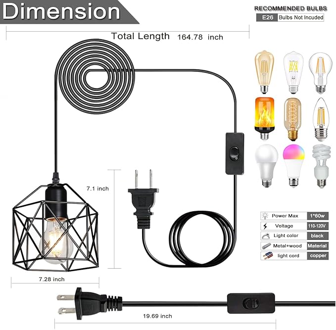 Industrial Plug-in Pendant Light, Black Farmhouse Hanging Ceiling Light, Vintage Metal Cage Wall Mount Lamp, 1-Light Fixture for Kitchen Island, Dining Room, E26 Base (Bulb Not Included)