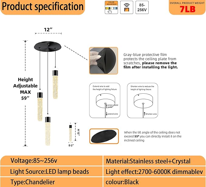 3-Light Pendant Lights Kitchen Island Black Crystal Column Chandelier Modern Dimmable LED Pendant Light for Dinning Room Living Room