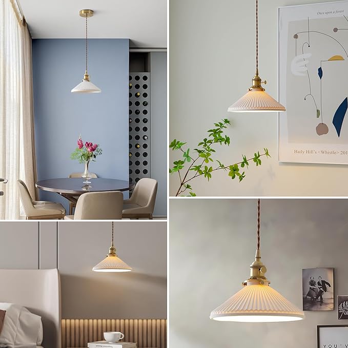 Modern Brushed Brass Pendant Lights Kitchen Island 2 Pack Mid Cenrury Milk Glass Hanging Light Fixture Vintage White and Gold Ceramic Pendant Light for Dining Room Bedroom Entryway MPL16D-2