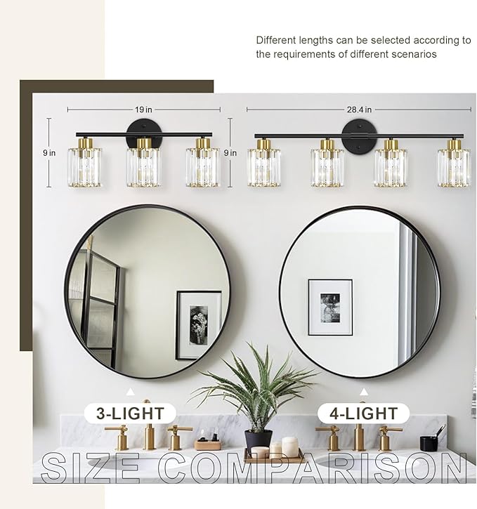 Crystal Bathroom Light Fixtures, Bathroom Lighting Fixtures Over Mirror, Modern Black Gold 4-Light Vanity Lights for Mirror, Restroom, Bedroom (Ceramic E26 Socket,Bulbs Not Include)