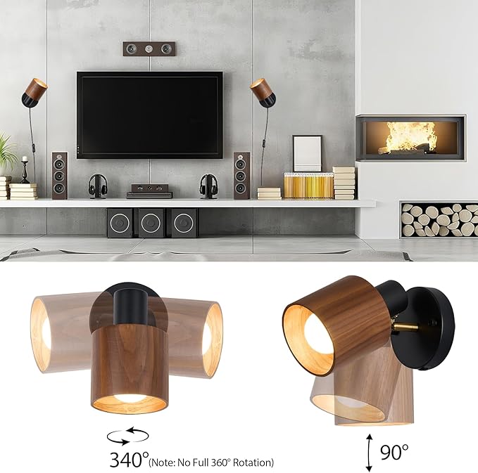 Modern Black Plug-in Wall Lamp - Real Walnut Wood Shade with Adjustable Directional Lighting, Industrial Wall Sconce for Bedroom, Living Room, Home Office