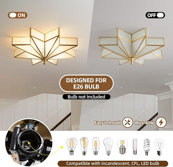 Star Brass Glass Ceiling Light - 19.7 In Large Gold Flush Mount Fixture - Art Deco Mid Century Vintage Modern Moravian Lighting Lights for Bedroom Dining Kitchen Foyer Farmhouse Living Room