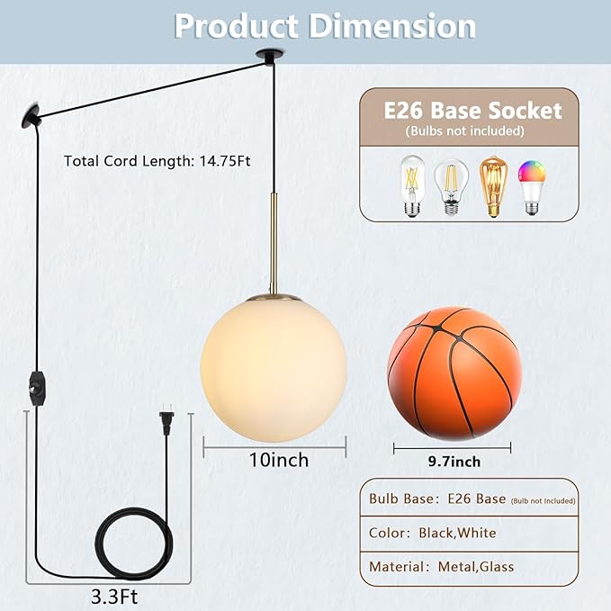 10” Plug in Globe Pendant Light Mid Century Modern Milk White Glass Globe Chandelier with 14.75ft Plug and Dimmable Switch for Bedroom Dining Room Kitchen Island, Brass