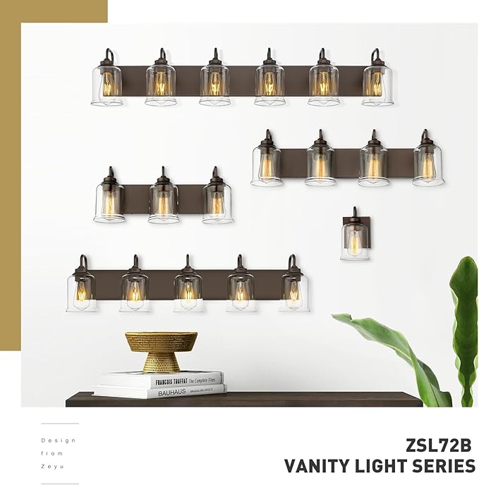 zeyu 28.5" Oil Rubbed Bronze Bathroom Light Fixtures, 4-Light Farmhouse Vanity Wall Lights with Clear Glass Shade, ZSL72B-4W ORB