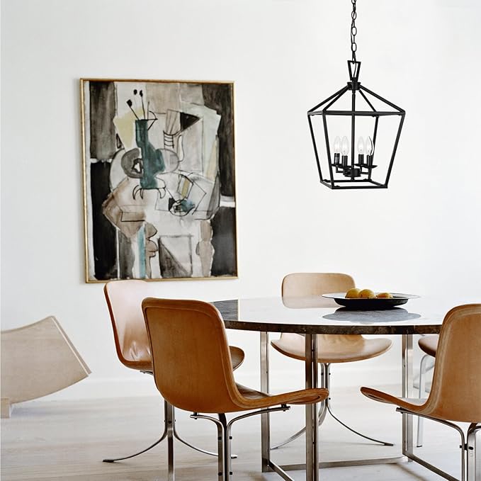 Untrammelife 4-Light Black Lantern Pendant Light, Adjustable Height Square Cage Chandelier 11''W Rustic Hanging Lighting Fixture for Dining Room Kitchen Island Foyer