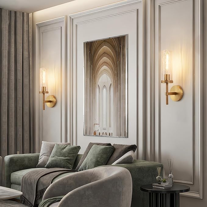 15" Knurled Brass Wall Sconces Set of 2, Gold Bathroom Vanity Light Fixtures with Crackle Glass Tube, Modern Lamp Lighting for Bedroom, Living Room, Hallway, Staircase, Mirror, Kitchen