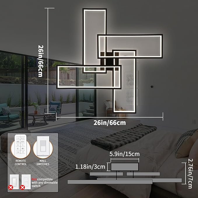 Shine LUEST Modern LED Ceiling Lights for Bedroom 26" Dimmable Square Ceiling Lights for Living Room with Remote Control Black Bedroom Light Fixture for Kitchen,Bathroom,Balcony