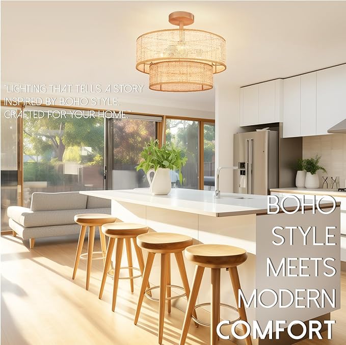 Hamilyeah Boho Ceiling Light Fixture Flush Mount Double Layer, 16 Inch Light Fixture Ceiling Mount with Wicker Shade, Woven Rattan Lights Ceiling for Living Room, Bedroom, Kitchen