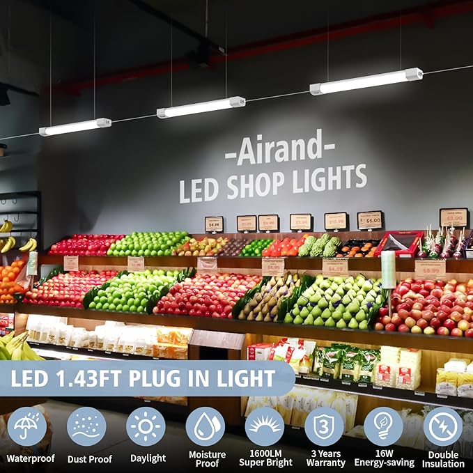 Airand LED Ceiling Light Fixture, 1.43FT Plug in Lights 2PCS, IP66 Water-Proof Linkable Tube Lights 5000k 16W Light Bar Under Cabinet Lighting Shop Kitchen Workbench Closet Corded with ON/Off Switch