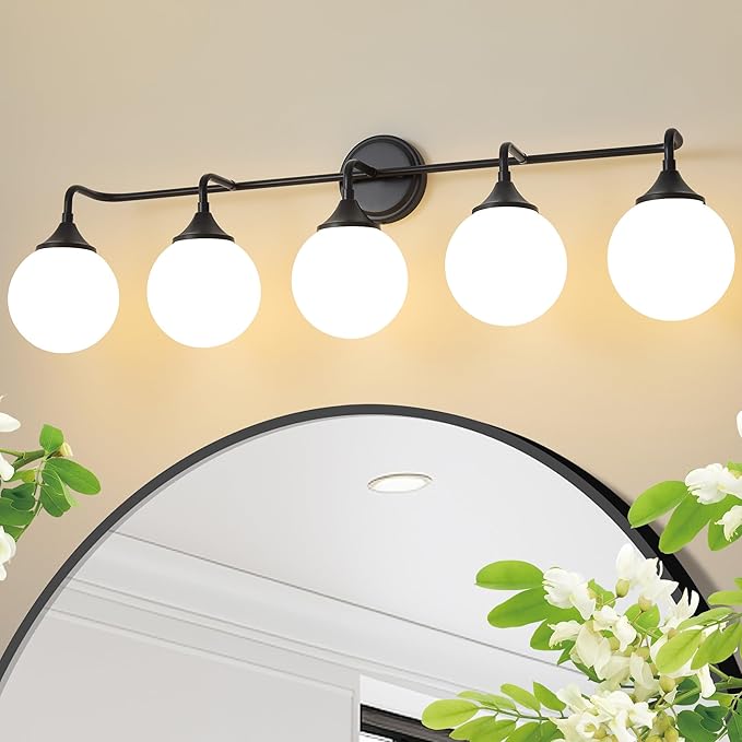 Black Bathroom Light Fixtures, Modern Vanity Lighting Over Mirror, Mid Century Brushed Brass Wall Sconce 5-Light with Milky White Glass Ball Shades