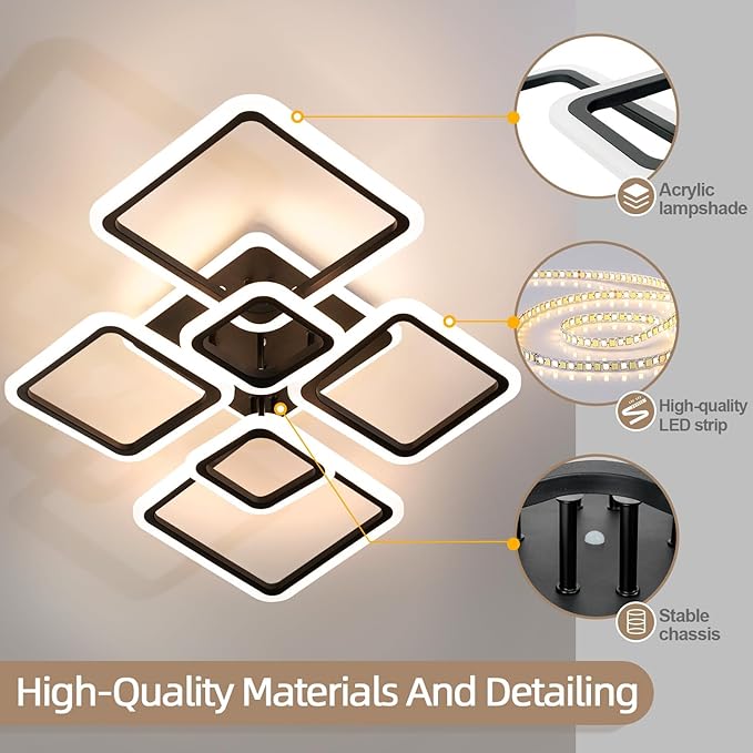 Modern Ceiling Light, 36.2'' LED Dimmable Acrylic Square 6+1 Rings Ceiling Lights with Remote, Black Flush Mount Ceiling Light Fixture for Low Ceiling Bedroom Living Room Dining Room, 130W