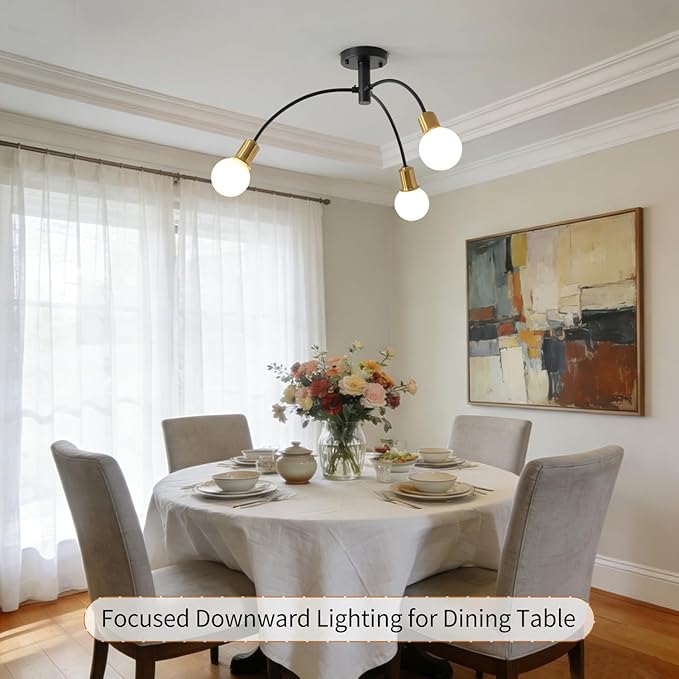 Modern Bedroom Semi Flush Mount Ceiling Light Fixture,Mid Century 3 Light Gold and Black Sputnik Chandelier for Laundry Room Dining Room Kitchen Island Hallway Foyer