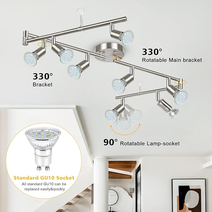 Unicozin LED Track Lighting Kit, 54.13'' Matt Nickel 8 Way Ceiling Spot Lighting, Flexibly Rotatable Light Head, Modern Track Light Included 8 x LED GU10 Bulb (4W, Daylight White, 400LM)