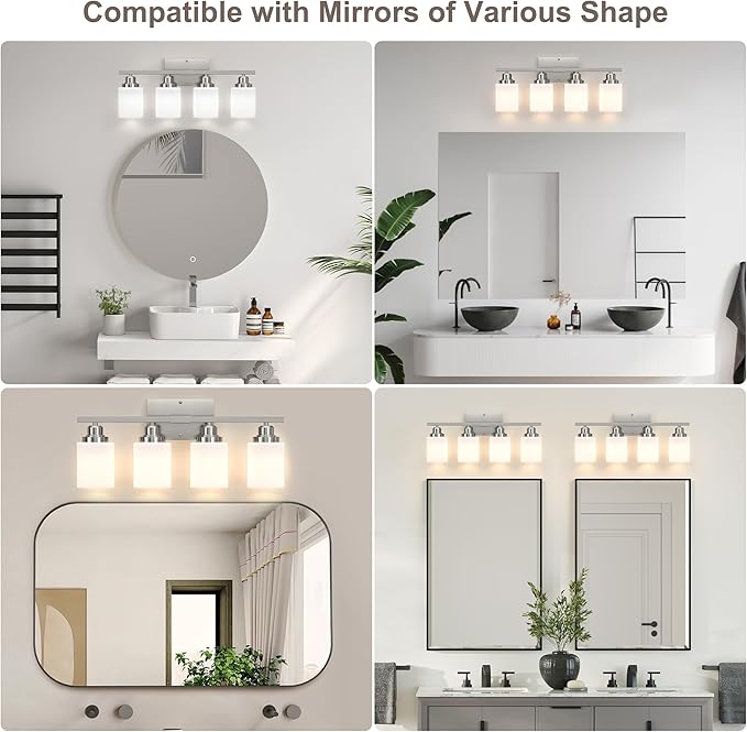 Sailstar Bathroom Light Fixtures, Brushed Nickel Vanity Light Over Mirror, 4-Light Wall Sconces with Milky White Frosted Glass Shades, Wall Lamp for Bedroom, Living Room, E26 Base (Bulbs Not Included)