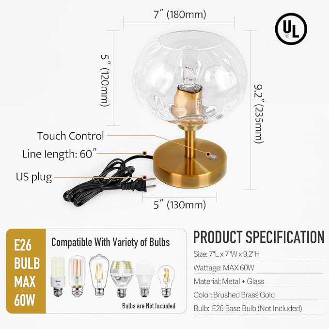 Touch Control Hammered Glass Table Lamp Brass Gold Portable Dimmable Brightness Small Nightstand Light 3-Way Stepless Dimming Bedside Bedroom Living Room (Clear Glass & Gold)