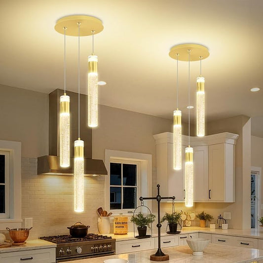 Dimmable 3-Light Pendant Lights Kitchen Island Crystal Hanging Light Modern Ceiling Light for Dinning Room Living Room 24W Gold