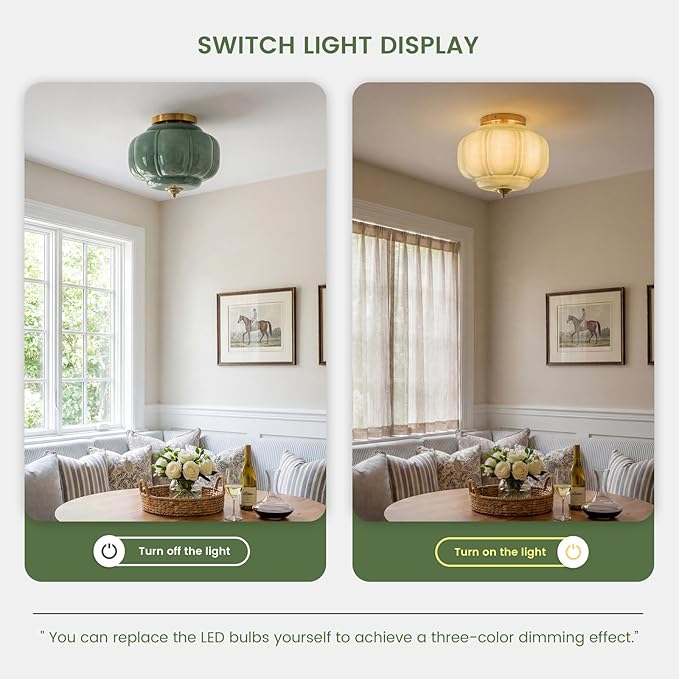 Milk Glass Ceiling Light Fixture - Farmhouse Antique Brass Semi Flush Mount Ceiling Light for Kitchen, Hallway, and Bedroom (Green 15 inch)
