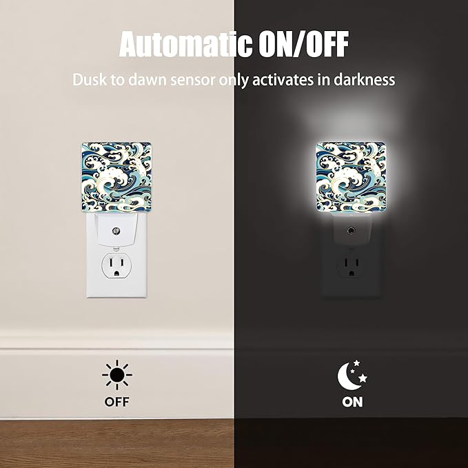 Vintage Sea Waves Dusk to Dawn Night Light, Auto Sensor Lamp Home Indoor Stairway Kitchen Corridor, Night Lights Plug into Wall Decor, Boys Girls Women Men Room Gifts