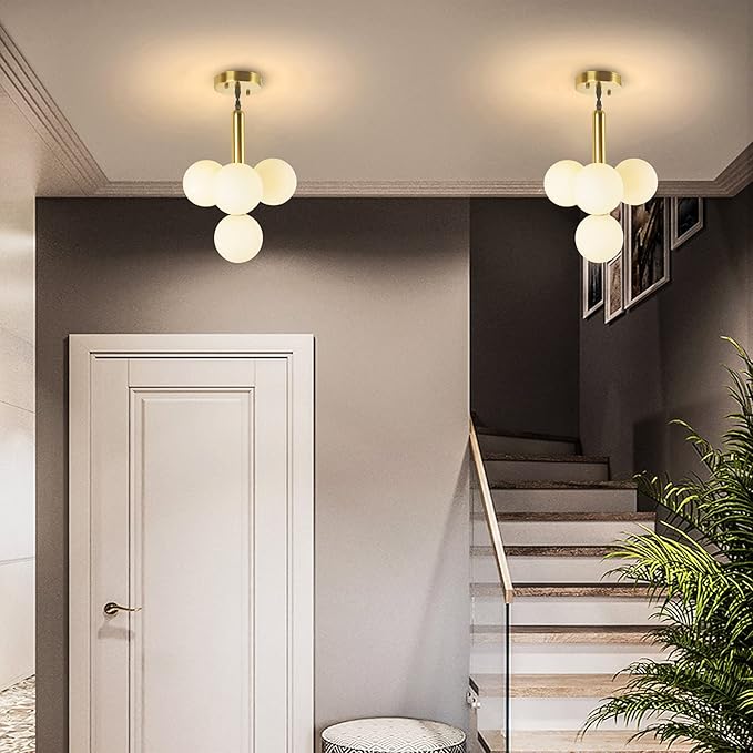 4 Lights Modern Globe Pendant Light Fixture Mid Century Chandelier G9 Bulb Brushed Brass Finished White Globe Glass Shade Dining Kitchen Living Room Lighting (Gold)