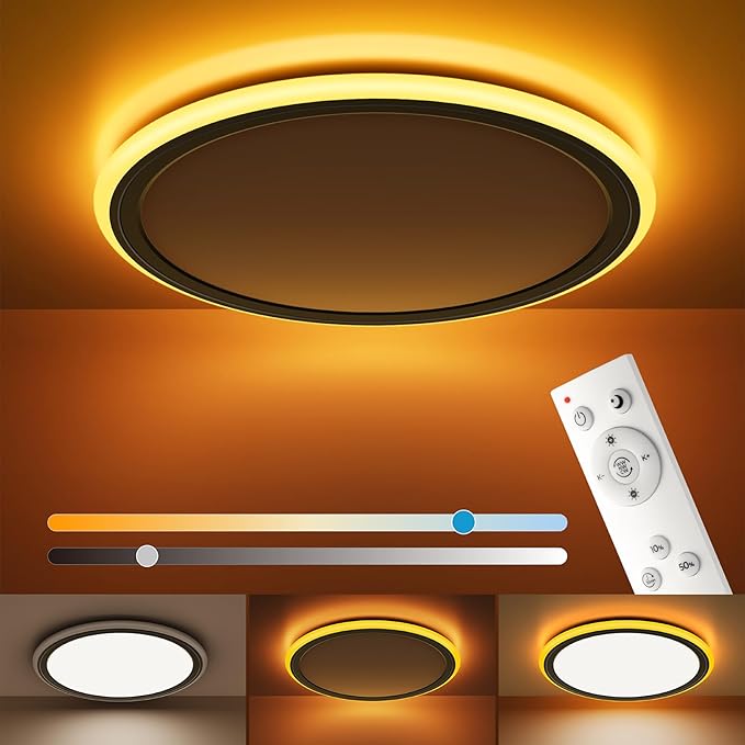 BLNAN 13in LED Flush Mount Ceiling Light Fixture with Remote Control, Dimmable Night Light 2000K, 3000K-6500K 24W Wired Low Profile Light for Bedroom, Kitchen, Living Room, Round Black